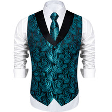 Teal Paisley Jacquard V Neck Waistcoat Vest Tie Handkerchief Cufflinks Set