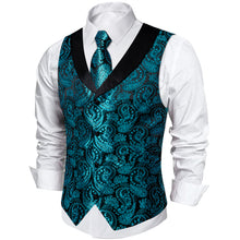 Teal Paisley Jacquard V Neck Waistcoat Vest Tie Handkerchief Cufflinks Set