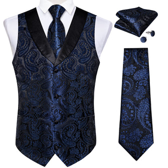 Blue Paisley Jacquard V Neck Waistcoat Vest Tie Handkerchief Cufflinks Set