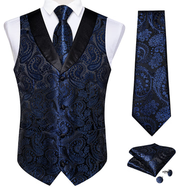 Blue Paisley Jacquard V Neck Waistcoat Vest Tie Handkerchief Cufflinks Set