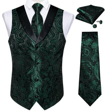 Green Paisley Jacquard V Neck Waistcoat Vest Tie Handkerchief Cufflinks Set