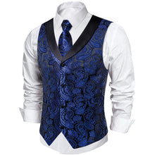 Cobalt Blue Paisley Jacquard V Neck Waistcoat Vest Tie Handkerchief Cufflinks Set