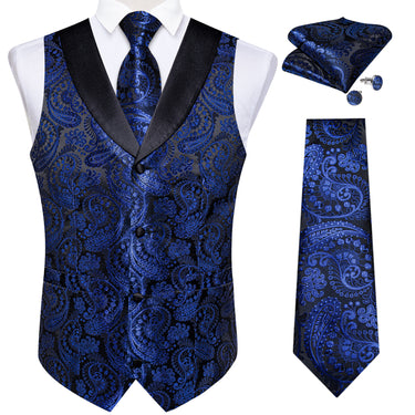 Cobalt Blue Paisley Jacquard V Neck Waistcoat Vest Tie Handkerchief Cufflinks Set