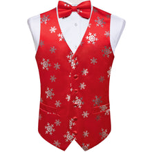 Christmas Silver Snowflake Red Jacquard Silk Waistcoat Vest Bowtie Pocket Square Cufflinks Set