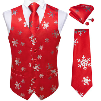 Christmas Silver Snowflake Red Solid Jacquard Silk Waistcoat Vest Handkerchief Cufflinks Tie Vest Suit Set