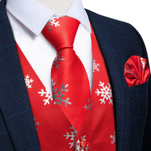 Christmas Silver Snowflake Red Solid Jacquard Silk Waistcoat Vest Handkerchief Cufflinks Tie Vest Suit Set