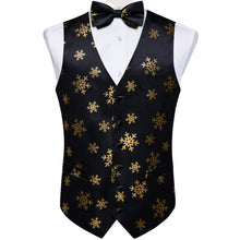 Christmas Golden Snowflake Black Jacquard Silk Waistcoat Vest Bowtie Pocket Square Cufflinks Set