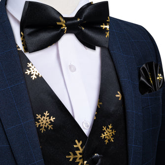 Christmas Golden Snowflake Black Jacquard Silk Waistcoat Vest Bowtie Pocket Square Cufflinks Set