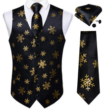 Christmas Golden Snowflake Black Solid Jacquard Silk Waistcoat Vest Handkerchief Cufflinks Tie Vest Suit Set