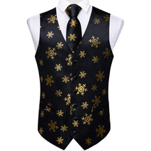 Christmas Golden Snowflake Black Solid Jacquard Silk Waistcoat Vest Handkerchief Cufflinks Tie Vest Suit Set
