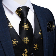 Christmas Golden Snowflake Black Solid Jacquard Silk Waistcoat Vest Handkerchief Cufflinks Tie Vest Suit Set