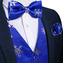 Christmas Silver Snowflake Blue Jacquard Silk Waistcoat Vest Bowtie Pocket Square Cufflinks Set