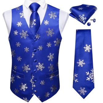 Christmas Silver Snowflake Blue Solid Jacquard Silk Waistcoat Vest Handkerchief Cufflinks Tie Vest Suit Set