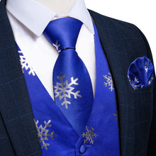 Christmas Silver Snowflake Blue Solid Jacquard Silk Waistcoat Vest Handkerchief Cufflinks Tie Vest Suit Set