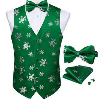 Christmas Silver Snowflake Green Jacquard Silk Waistcoat Vest Bowtie Pocket Square Cufflinks Set