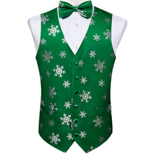 Christmas Silver Snowflake Green Jacquard Silk Waistcoat Vest Bowtie Pocket Square Cufflinks Set