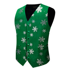 Christmas Silver Snowflake Green Jacquard Silk Waistcoat Vest Bowtie Pocket Square Cufflinks Set