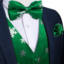 Christmas Silver Snowflake Green Jacquard Silk Waistcoat Vest Bowtie Pocket Square Cufflinks Set