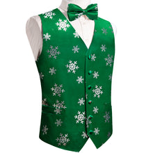Christmas Silver Snowflake Green Jacquard Silk Waistcoat Vest Bowtie Pocket Square Cufflinks Set