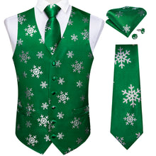 Christmas Silver Snowflake Green Solid Jacquard Silk Waistcoat Vest Handkerchief Cufflinks Tie Vest Suit Set