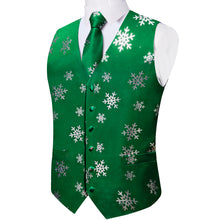 Christmas Silver Snowflake Green Solid Jacquard Silk Waistcoat Vest Handkerchief Cufflinks Tie Vest Suit Set