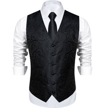 Black Paisley Jacquard Silk Waistcoat Vest Tie Pocket Square Cufflinks Set