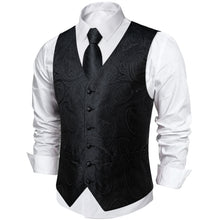 Black Paisley Jacquard Silk Waistcoat Vest Tie Pocket Square Cufflinks Set