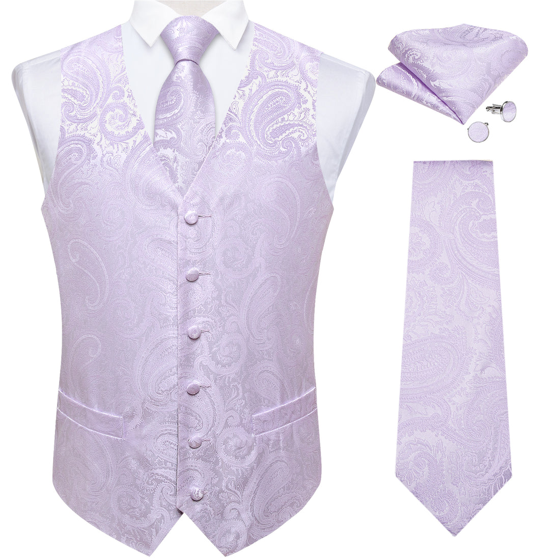 Violet Ash Floral Jacquard Silk Waistcoat Vest Tie Pocket Square Cufflinks Set