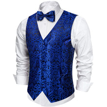 Blue Floral Jacquard Vest Neck Bow Tie Handkerchief Cufflinks Set