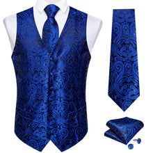 Blue Floral Jacquard Silk Waistcoat Vest Tie Pocket Square Cufflinks Set