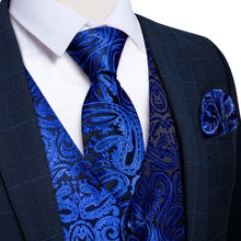 Blue Floral Jacquard Vest Neck Bow Tie Handkerchief Cufflinks Set