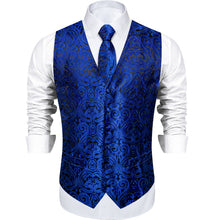 Blue Floral Jacquard Silk Waistcoat Vest Tie Pocket Square Cufflinks Set