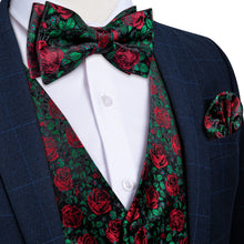 Green Red Floral Jacquard Vest Neck Bow Tie Handkerchief Cufflinks Set