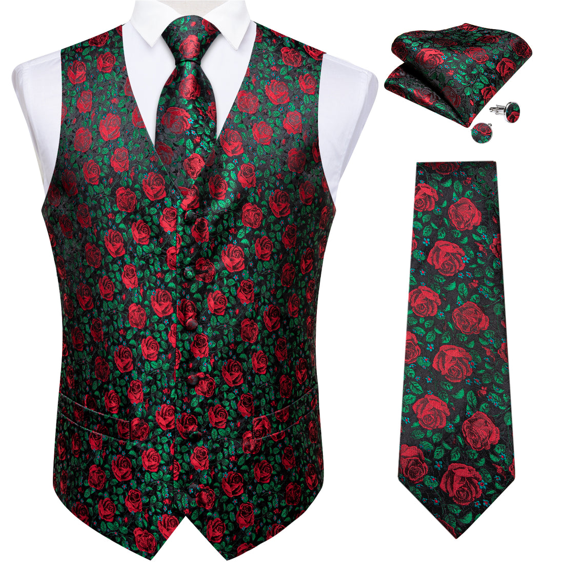 Green Red Floral Jacquard Silk Waistcoat Vest Tie Pocket Square Cufflinks Set