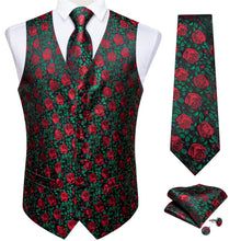 Green Red Floral Jacquard Silk Waistcoat Vest Tie Pocket Square Cufflinks Set