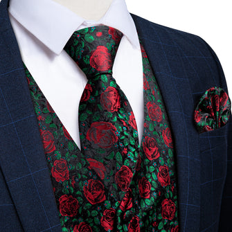 Green Red Floral Jacquard Silk Waistcoat Vest Tie Pocket Square Cufflinks Set
