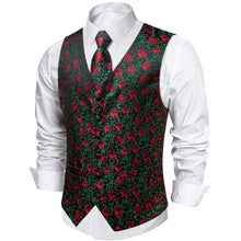 Green Red Floral Jacquard Vest Neck Bow Tie Handkerchief Cufflinks Set