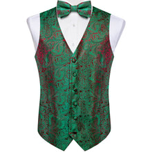 Green Floral Jacquard Waistcoat Vest BowTie Handkerchief Cufflinks Set