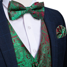 Green Floral Jacquard Waistcoat Vest BowTie Handkerchief Cufflinks Set