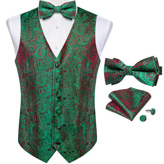 Green Floral Jacquard Waistcoat Vest BowTie Handkerchief Cufflinks Set