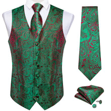Men's Classic Green Paisley Jacquard Silk Waistcoat Vest Tie Handkerchief Cufflinks Suit Set
