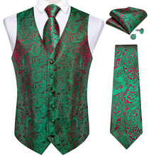 Men's Classic Green Paisley Jacquard Silk Waistcoat Vest Tie Handkerchief Cufflinks Suit Set