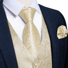 Champagne Paisley Jacquard Silk Waistcoat Vest Tie Pocket Square Cufflinks Set