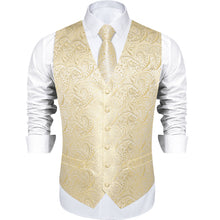 Champagne Paisley Jacquard Silk Waistcoat Vest Tie Pocket Square Cufflinks Set