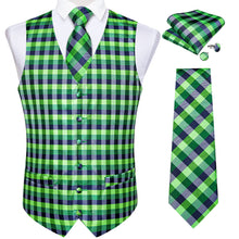 Blue Green Plaid Jacquard Silk Waistcoat Vest Tie Pocket Square Cufflinks Set