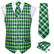 New Blue Green Plaid Jacquard Silk Waistcoat Vest Tie Pocket Square Cufflinks Set