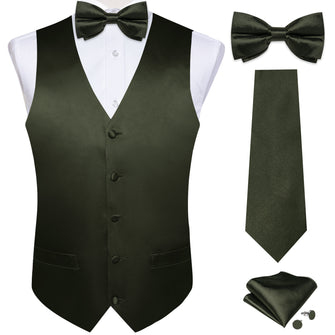 Deep Green solid mens silk tie bow tie handkerchief cufflinks set and mens silk suit vest