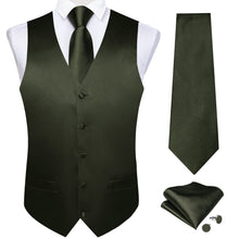 Dark Green Solid Satin Waistcoat Vest Tie Handkerchief Cufflinks Set