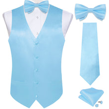 Sky Blue Solid Silk Mens Suit Vest Tie Bowtie Pocket Square Cufflinks Set