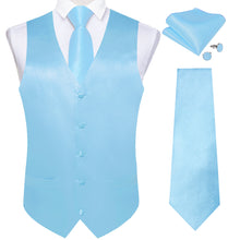 Sky Blue Solid Satin Waistcoat Vest Tie Handkerchief Cufflinks Set